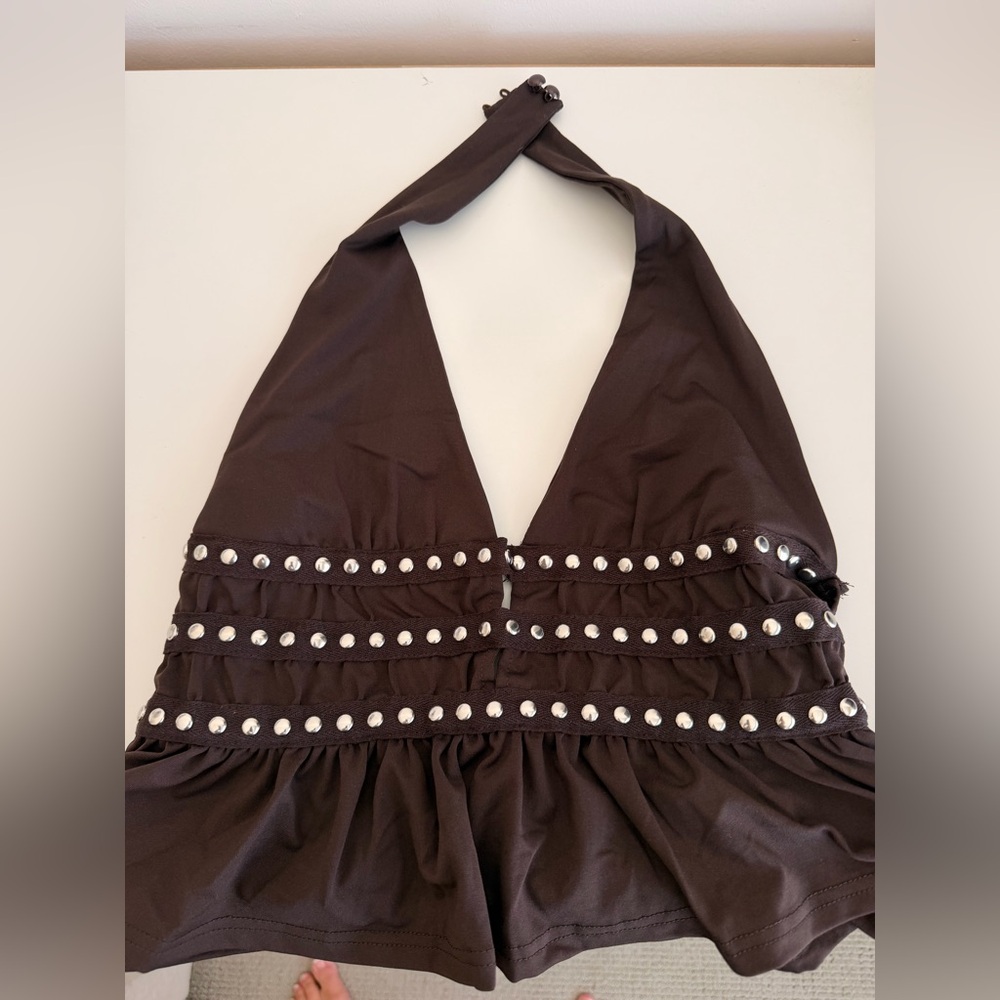 ASOS Black Studded Halter Crop Top - Picture 2 of 7